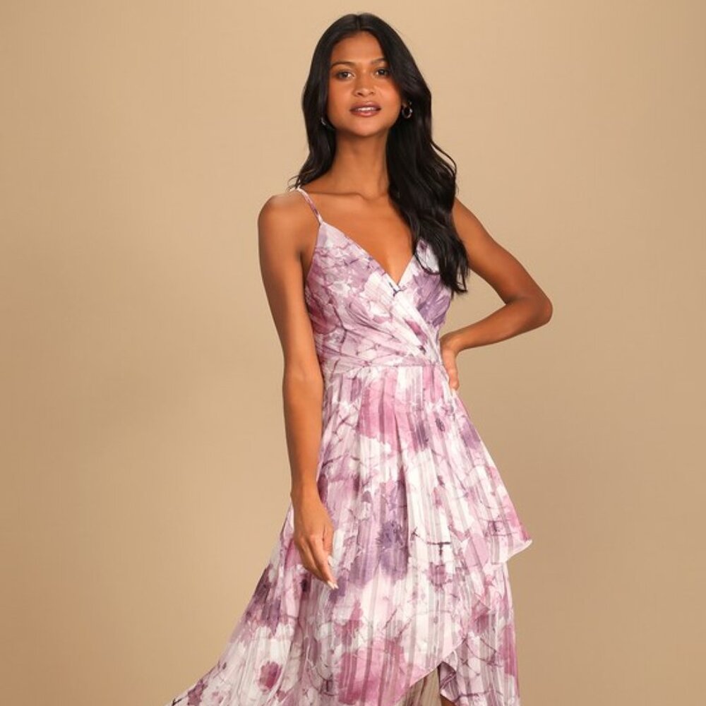 Lulus An Enchanting Dream Purple Multi Print High-low Maxi Dress - Size XS